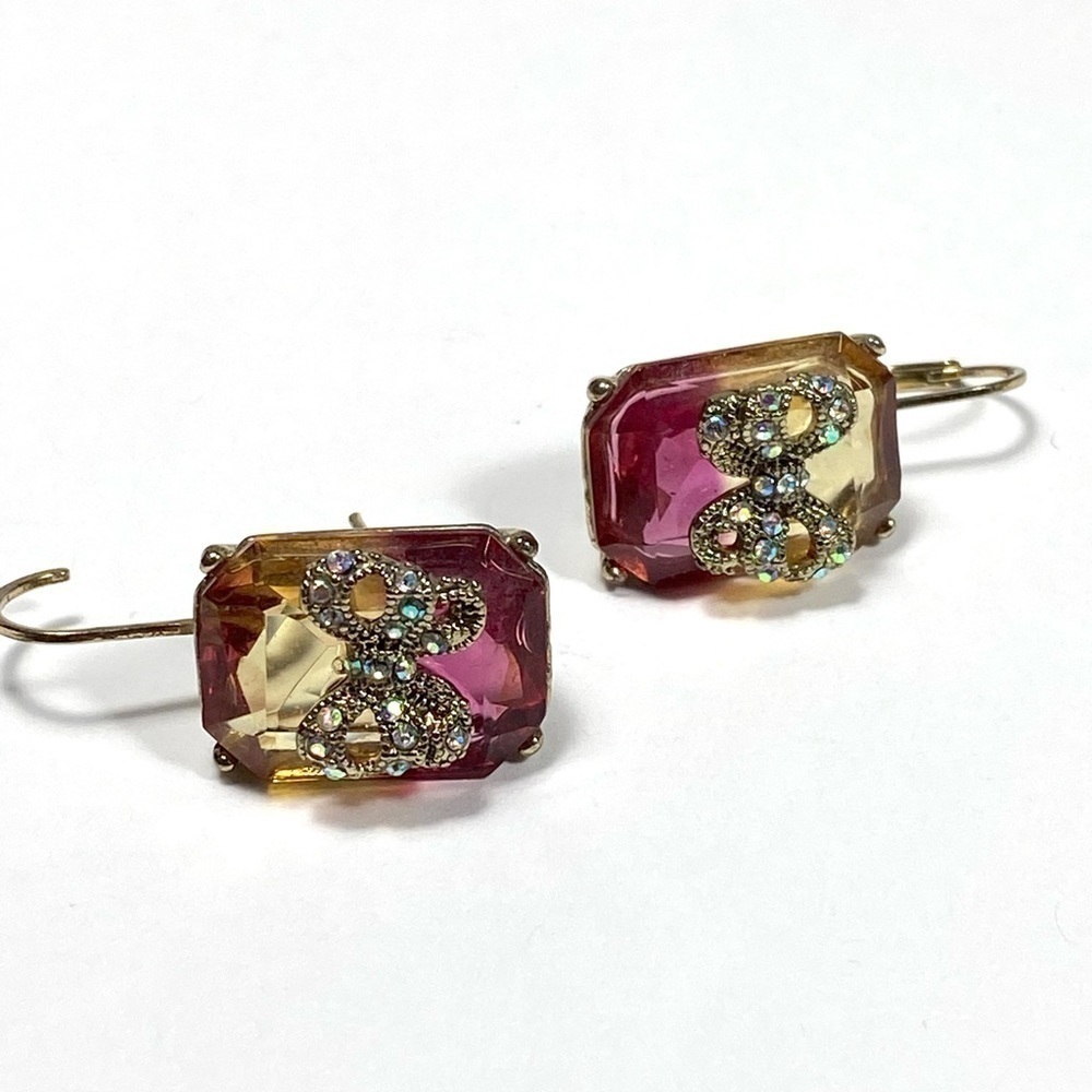 Earrings Dangles Ombre Glass Bows Rhinestones Gold Tone